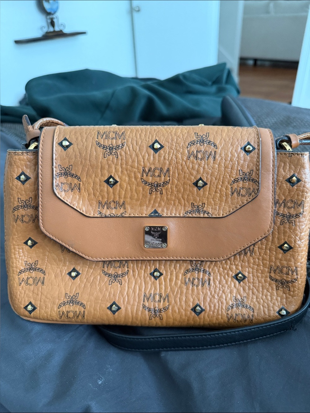 MCM Tan Visetos Logo Crossbody Bag